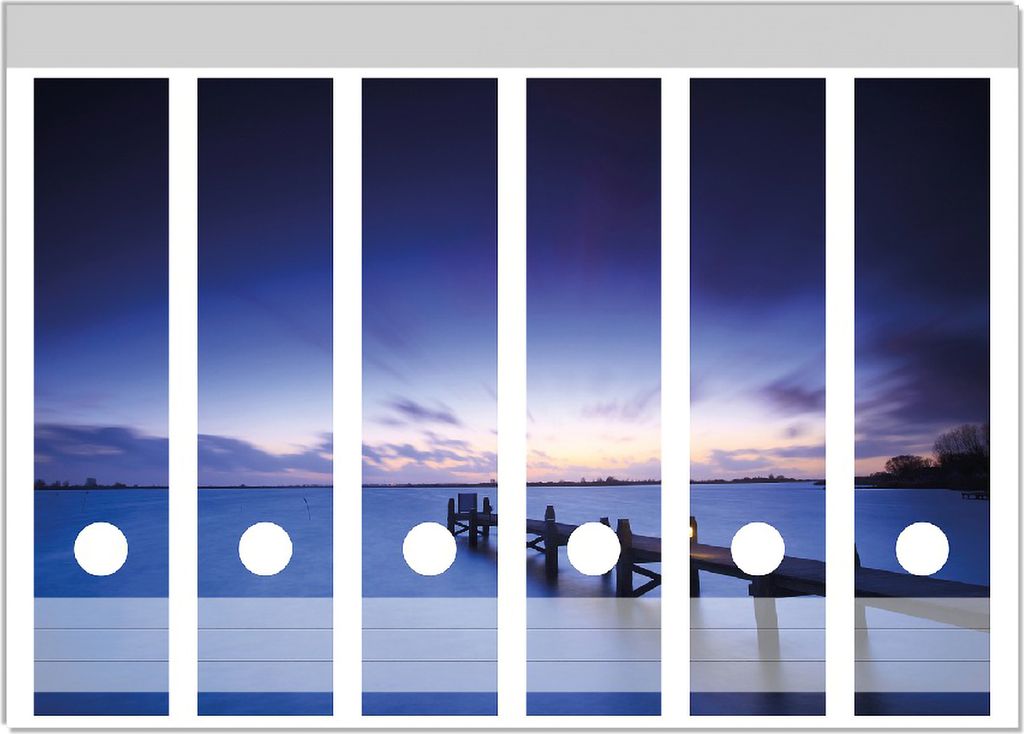 Wallario Ordnerrücken Sticker, selbstklebend für breite Ordner, 6 Stück, Motiv Steg bei Abenddämmerung - Blauer Himmel bei Nacht