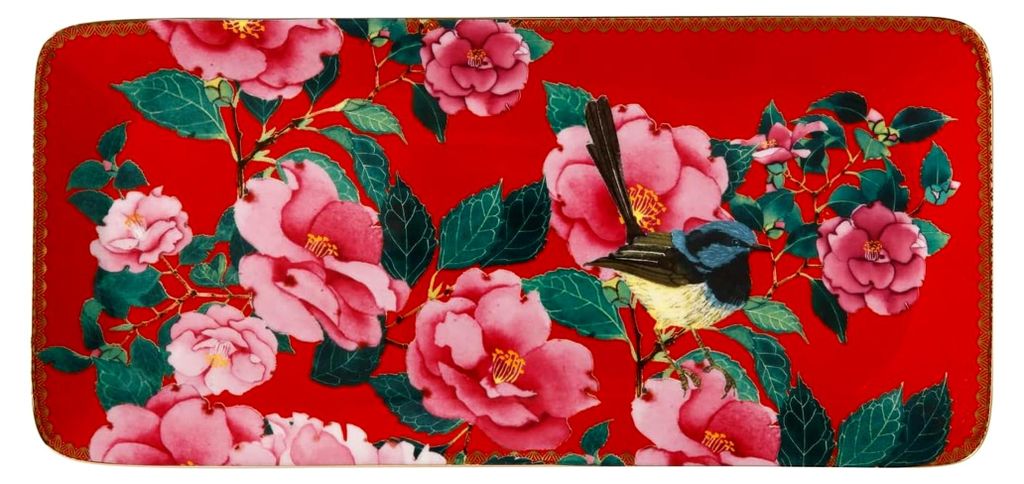 Eckige Platte 33 x 15,5 cm - TC Silk Road, glattes Porzellan, in Geschenkbox, Blumenmotiv - Rot