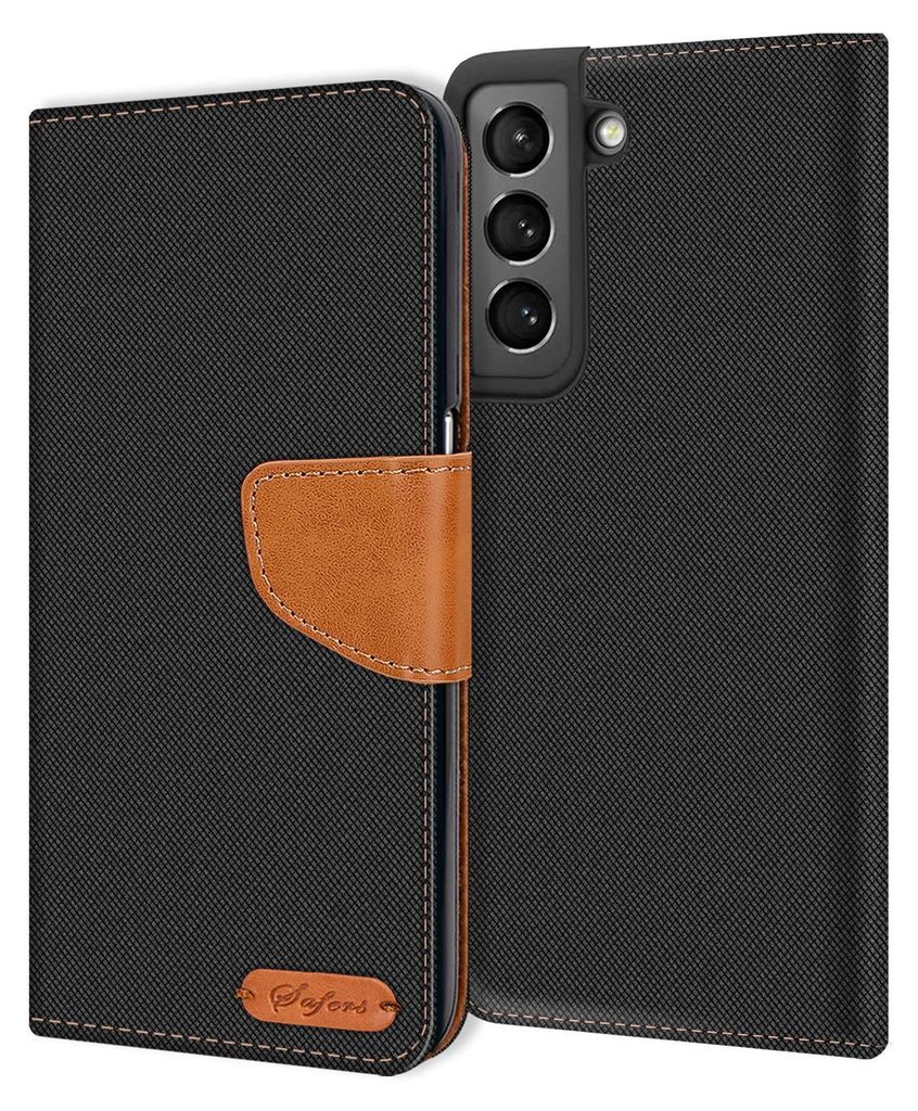 A black flip case for a Samsung Galaxy S22 Plus phone, with a brown leather strap and a small brown logo on the bottom left.