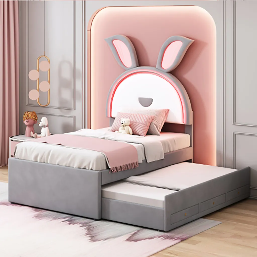 Lit Simple 90x200 Gris en Velours Doux avec LED Couleurs pour Chambre Enfant