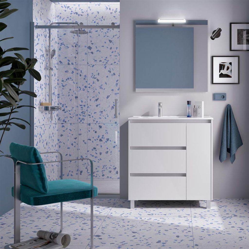 Noja Komplett-Set 850 3 Schubladen und 1 rechte Tür WHITE GLOSS + Waschtisch + Spiegel + Leuchte