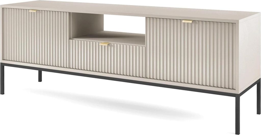 TV Lowboard Kioto 154 cm Kaschmir Beige & Schwarz – Rillenfront, Goldene Griffe, 1 Schublade, Modern