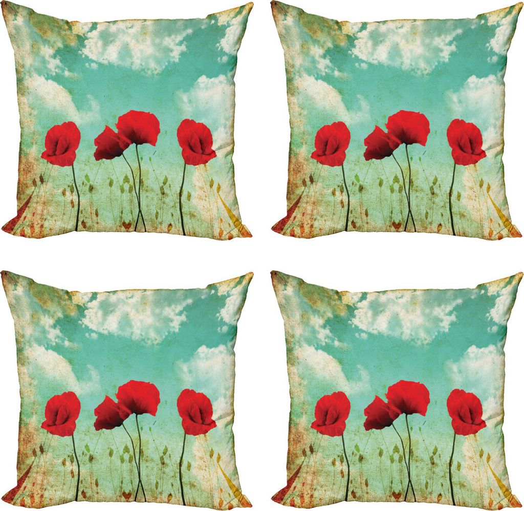 ABAKUHAUS Poppies Kissenbezug Set (4 Stück), Flowers Spring Season, Moderner Doppelseitiger Digitaldruck, 40 cm x 40 cm, Vermilion Blassblau