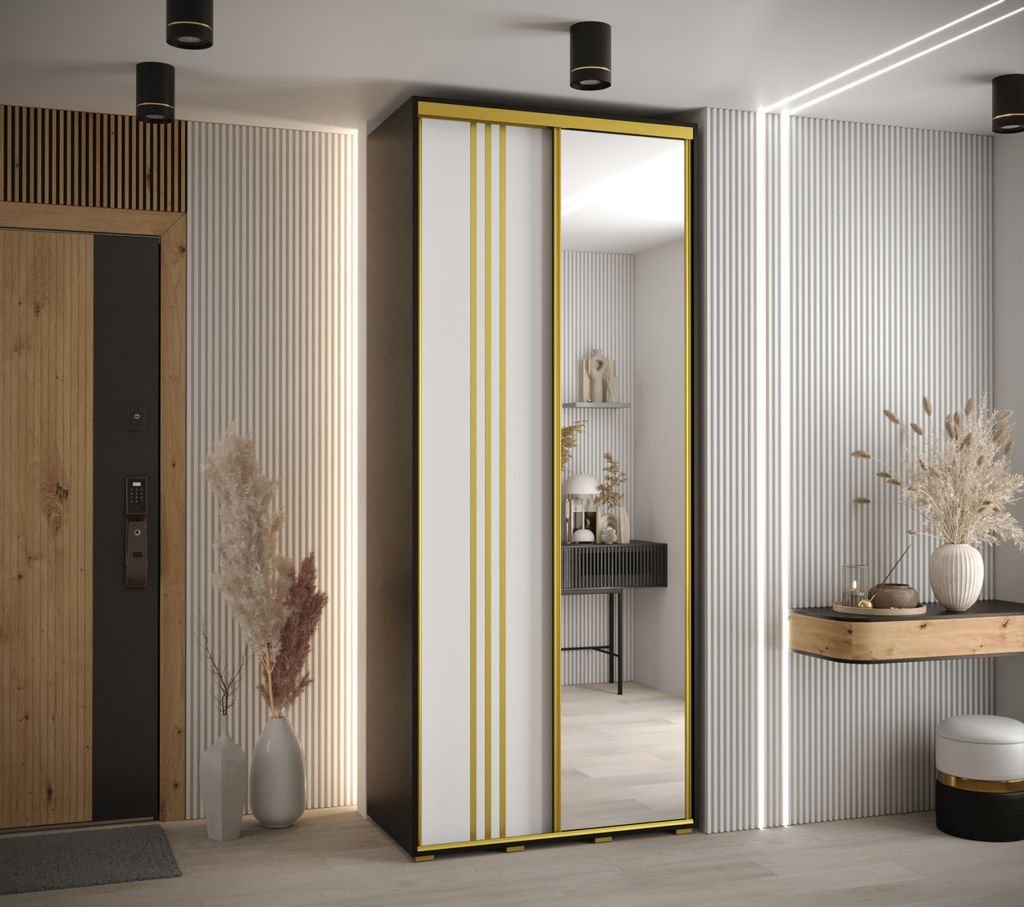 Kleiderschrank YVONA 7 – 120/45 cm, schwarz/weiß/gold