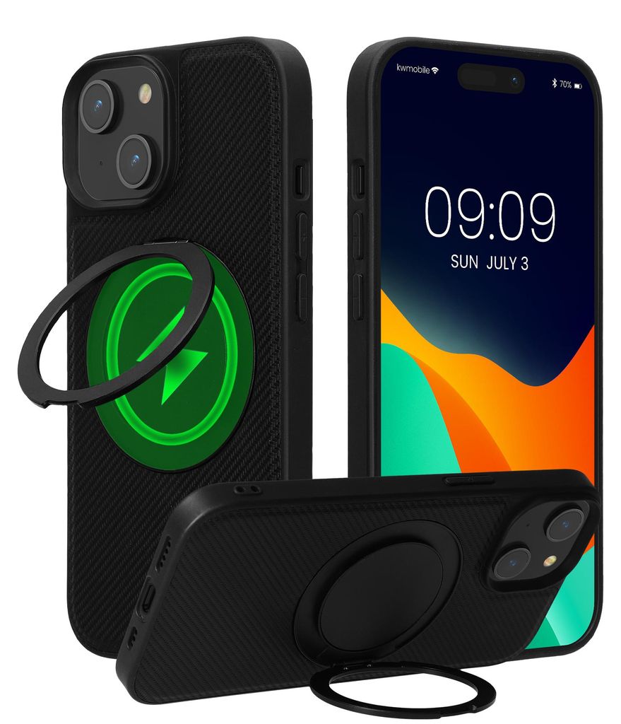 kwmobile Hülle für Apple iPhone 15 Handyhülle - Case kompatibel mit MagSafe - Cover mit Ringständer - Kunstleder Carbon Look in Schwarz