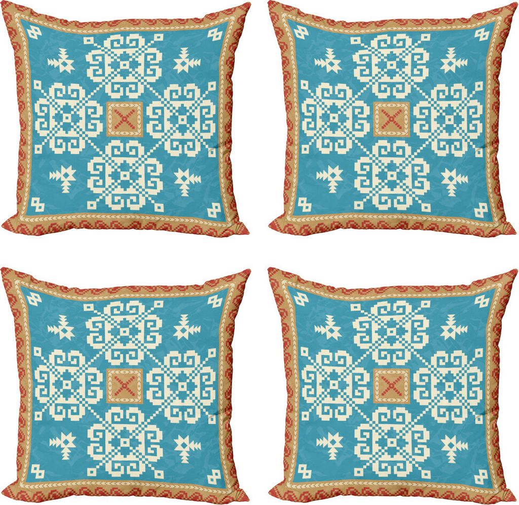 ABAKUHAUS Volk Kissenbezug Set (4 Stück), Nordic-Art-Quadrat Ornament, Moderner Doppelseitiger Digitaldruck, 50 cm x 50 cm, Sea Blue Sand Braun