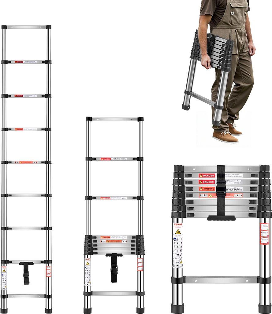 VEVOR Teleskopleiter, 254 cm lange, Ausziehleiter aus Edelstahl, Klappleiter mit Tragkraft von 150 kg (75°) & rutschfeste Füße, tragbare 9-Stufe...