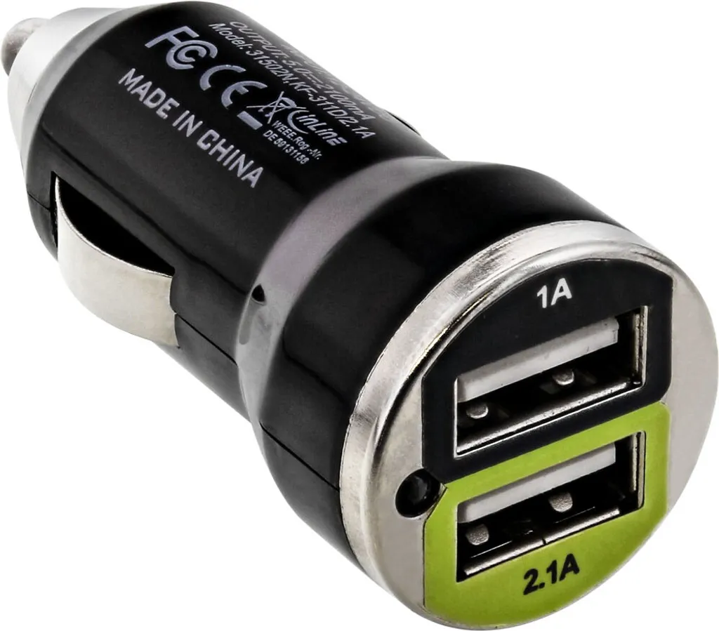 Double chargeur allume-cigare InLine 2.1A USB + câble spiralé 1m