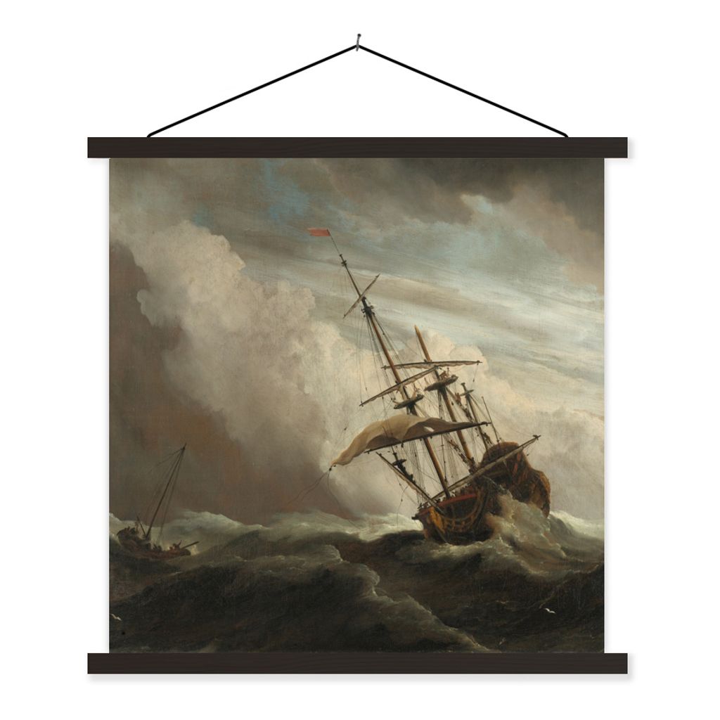 MuchoWow Textilposter Ein Schiff auf offener See während eines Sturms - Gemälde von Willem van de Velde 120x120 cm mit schwarzem Rahmen - Aufh...
