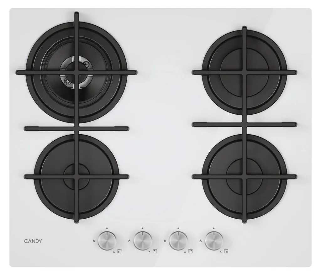 Candy Moderna CVG6BR4WTW Plaque de Cuisson Gaz 4 Feux en Verre Blanc 60cm
