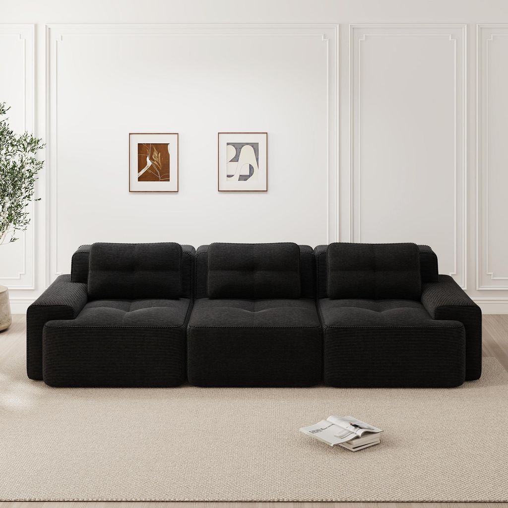 Modulsofa Boneless Sofa, Modulares Ecksofa, Modulares Cloud-Sofa, Corduroy-Sofas, 3-Sitzer Tiefsitz Sofa für Wohnzimmer, Montagefreies Sofa, Schwarz