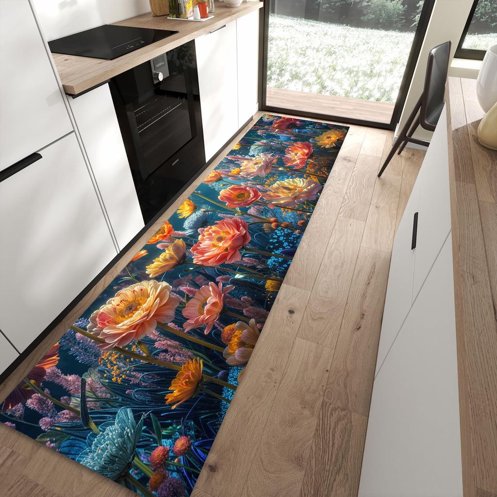 Küchenteppich 80x300cm rutschfest & abwischbar PVC Läufer - Blumengarten
