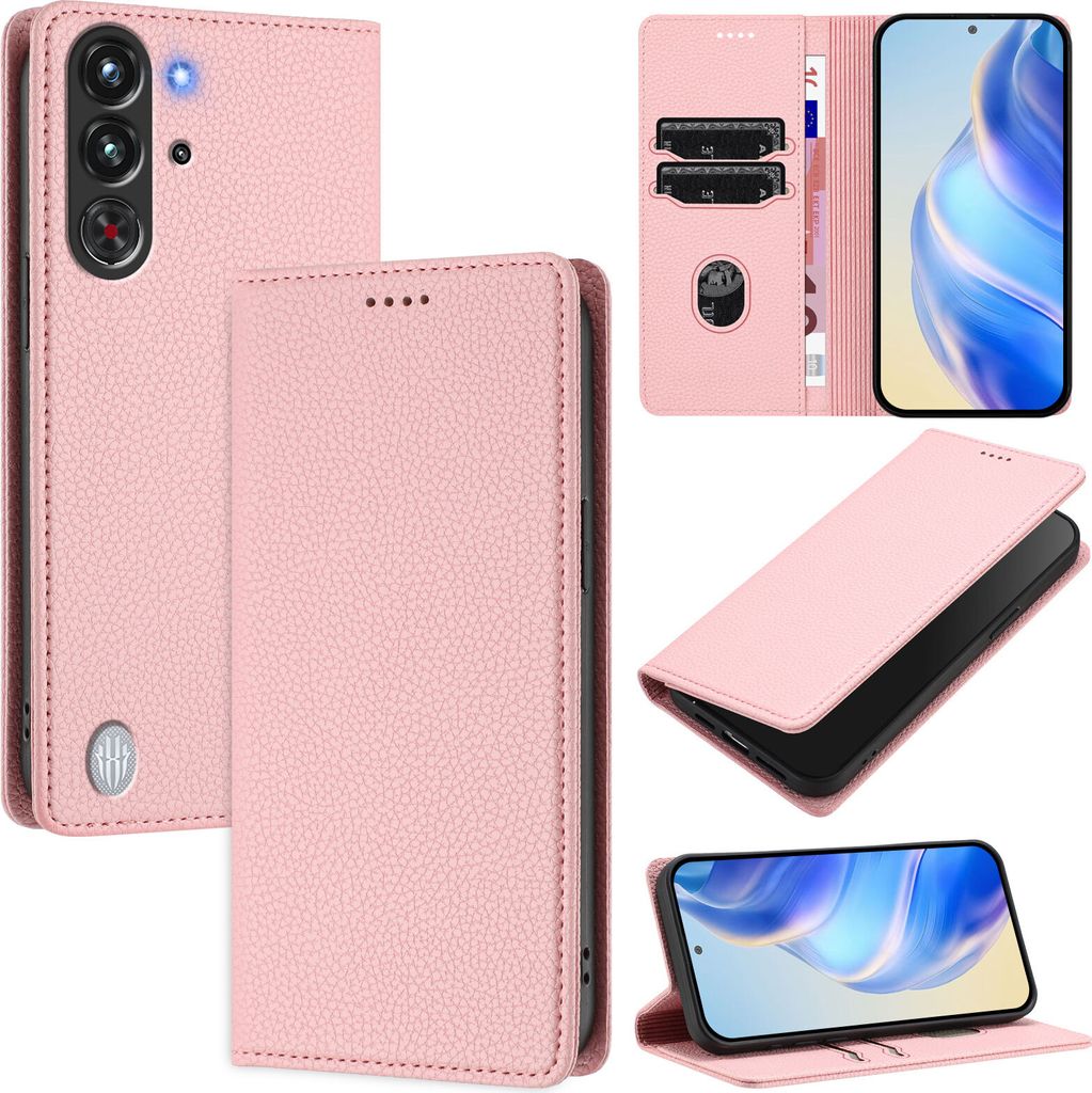 Litchi Leder Handyhülle für ZTE Nubia Red Magic 10 Pro/ 10 Pro+ Wallet Kartenfächer Standfunktion Hülle Pink