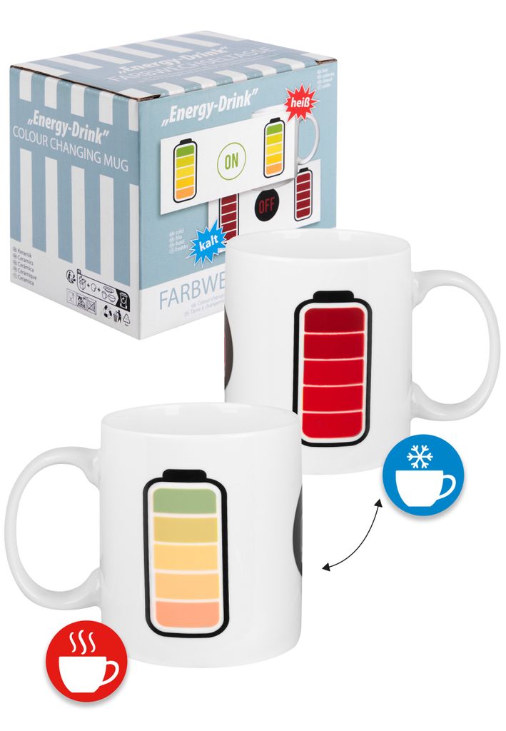 Akku Zaubertasse - Energy Drink Kaffeetasse Becher Kaffeebecher Tasse aus Keramik Farbwechseltasse 320 ml