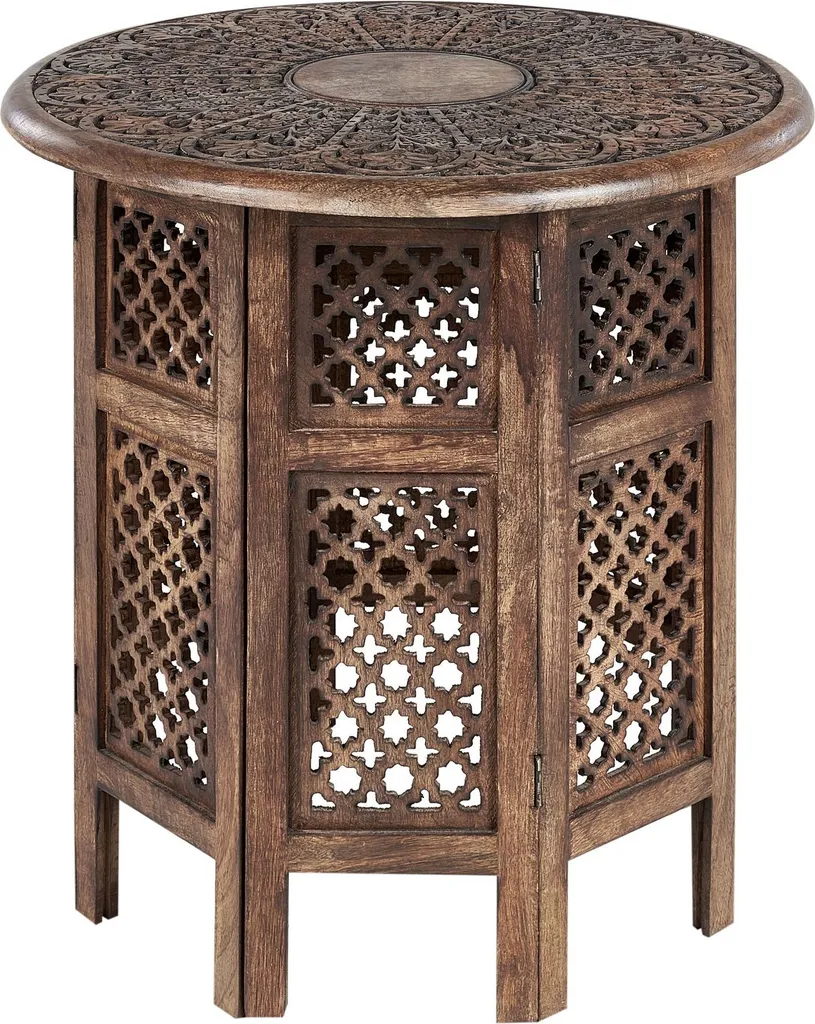 Table de Chevet Sculptée en Bois Massif avec Tiroir de Rangement 53 cm