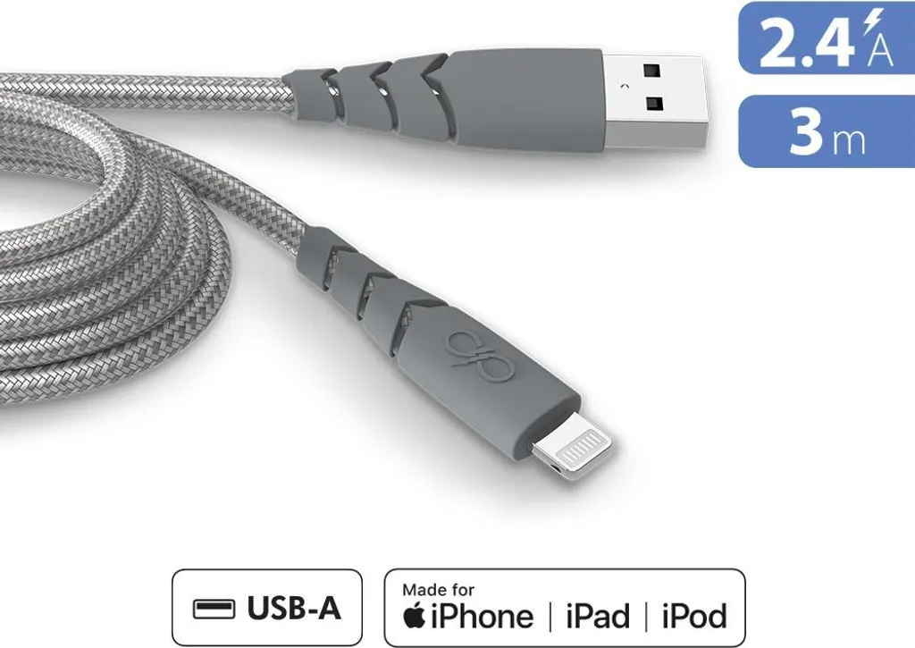 Câble Lightning 3m UltraRenforcé 2.4A MFi : Solidité et Recyclage Gris