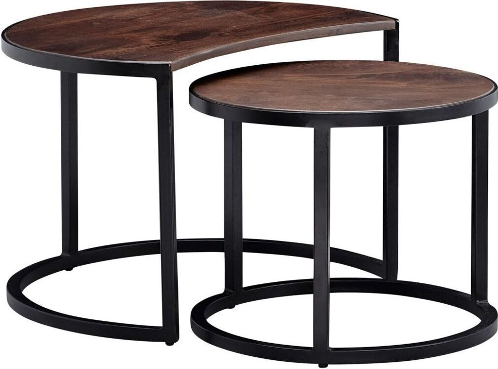 Couchtisch 2er Set Mango Massivholz / Metall Wohnzimmertisch Rund, Industrial Beistelltisch mit Metallbeine Schwarz, Tischset 2-teilig Satztisch Holz