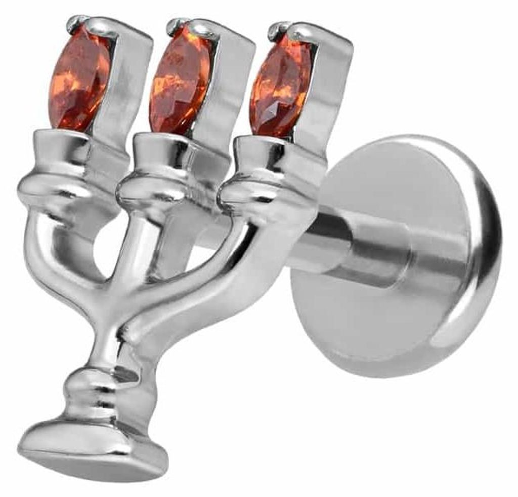 Ohrpiercing, Nasenpiercing Titan Labret mit Push Fit KERZENLEUCHTER Silber Stablänge: 7mm | Stabstärke: 1mm