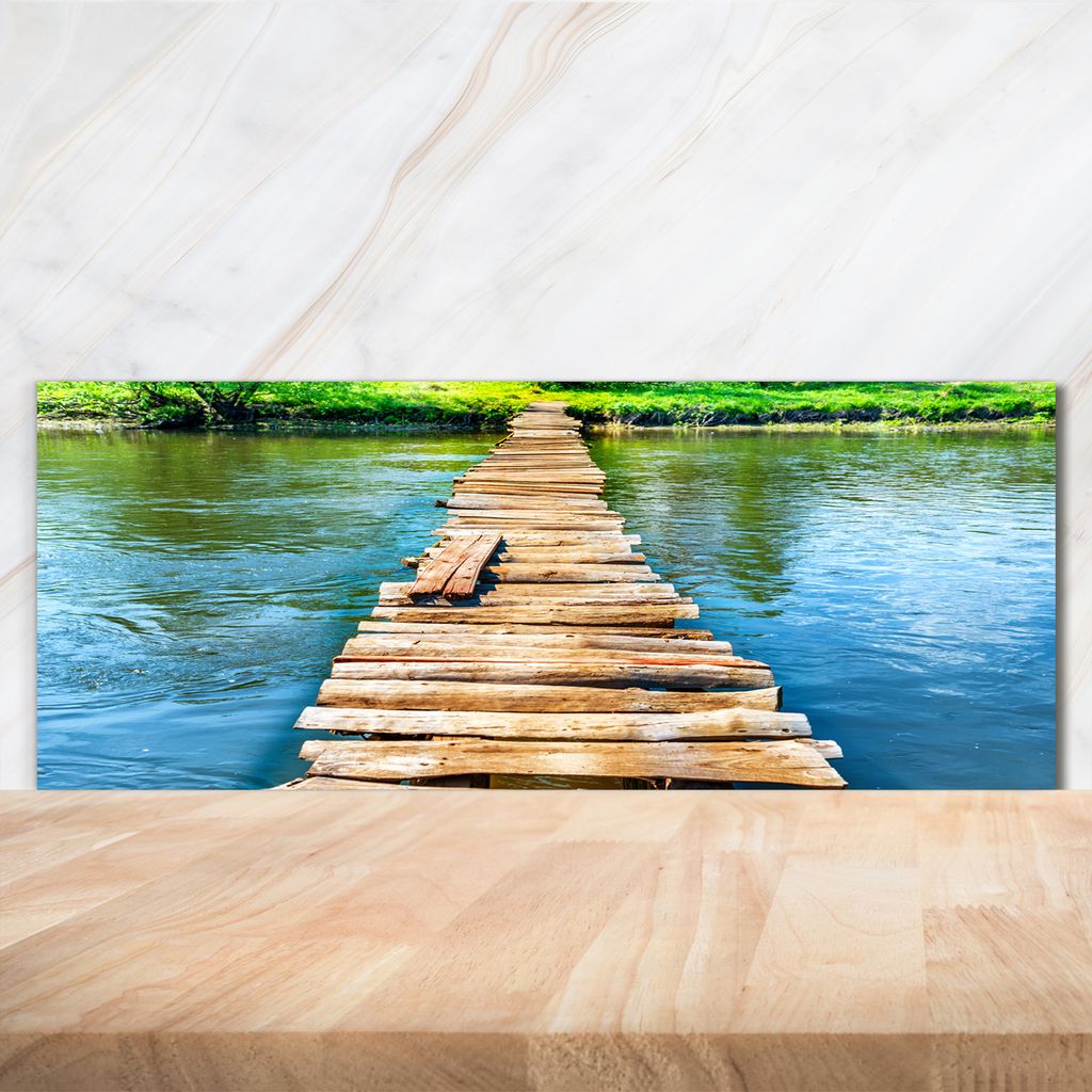 Tulup Küchenrückwand Spritzschutz aus Glas -125x50 -Spritzschutz auf gehärtetes Glas Deko Landschaften Holzbrücke