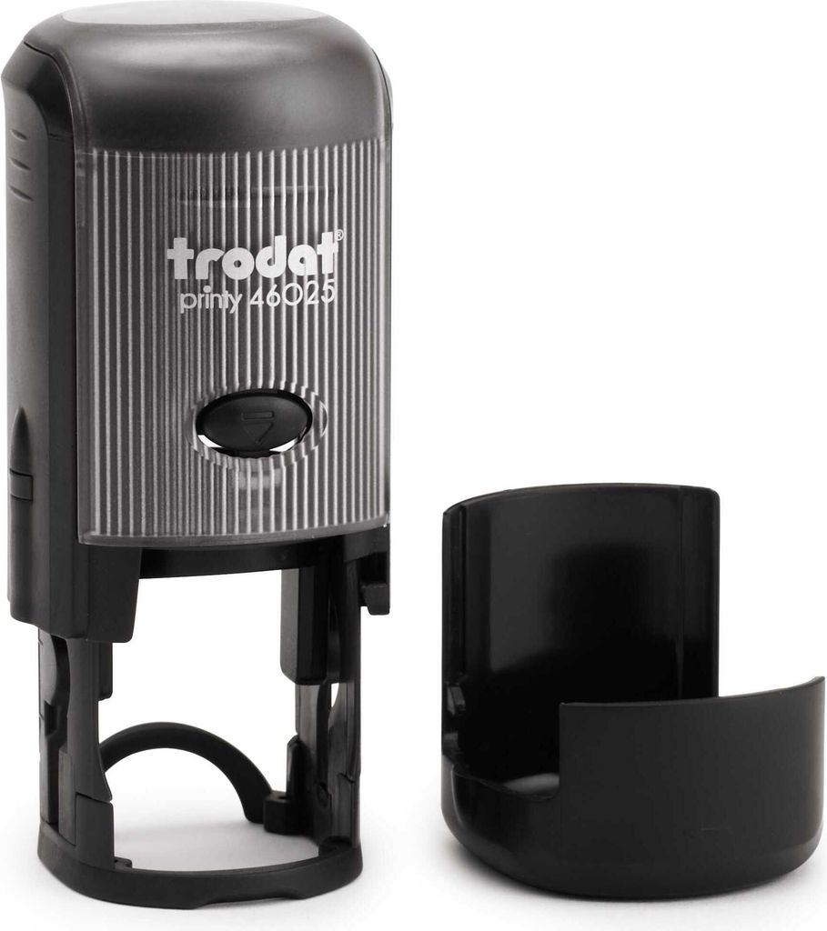 Trodat runder PRINTY 46025, rund max. 25 mm, Gehäuse schwarz, individuelle Stempelplatte mit Ihrem Wunschtext, Stempelkissen schwarz