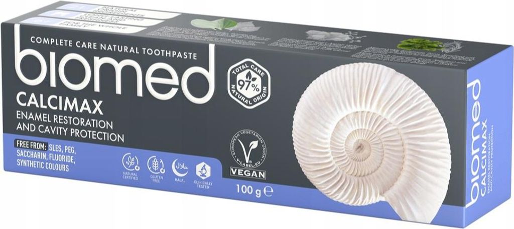 A box of Biomed Calcimax toothpaste.