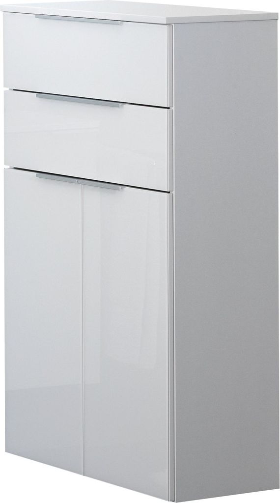 A white cabinet with drawers and doors, shown from a side angle against a white background.