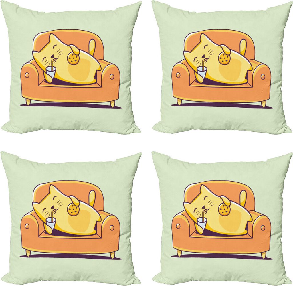 ABAKUHAUS Plätzchen Kissenbezug Set (4 Stück), Kitten Verlegung auf einer Couch, Moderner Doppelseitiger Digitaldruck, 60 cm x 60 cm, Creme orange