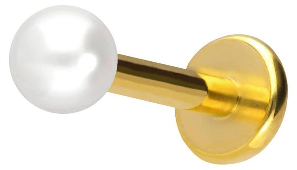 Ohrpiercing, Nasenpiercing Titan Labret mit Push Fit SYNTHETISCHE PERLE Gold Stablänge: 10mm | Stabstärke: 1,2mm | Perlengröße: 3mm