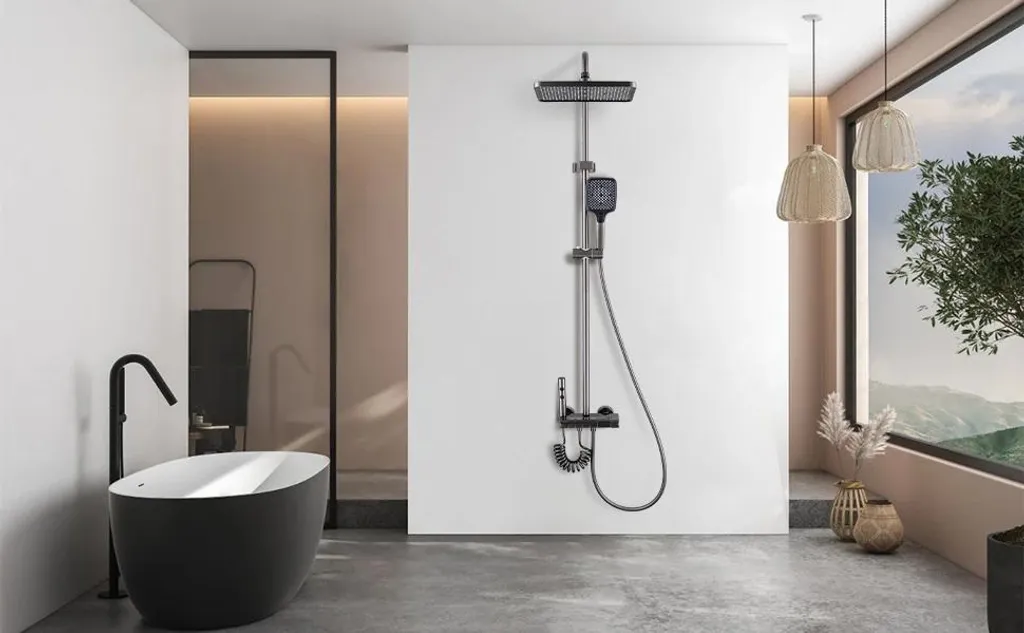 Système de douche anti-brûlure thermostatique gris avec écran digital