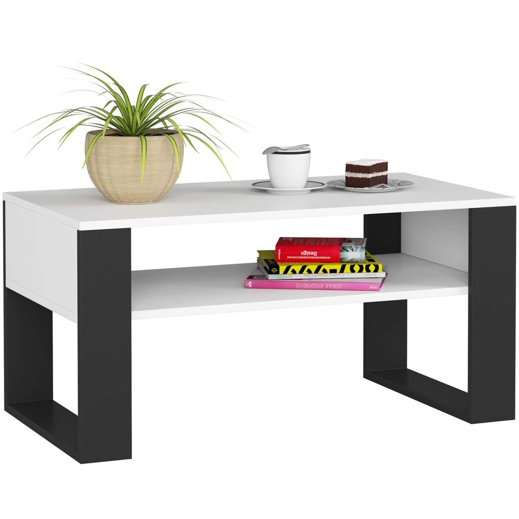 Couchtisch mit Regal Wohnzimmer Schlafzimmer Schrank Kaffeetisch 92x45x53cm Weiss Schwarz