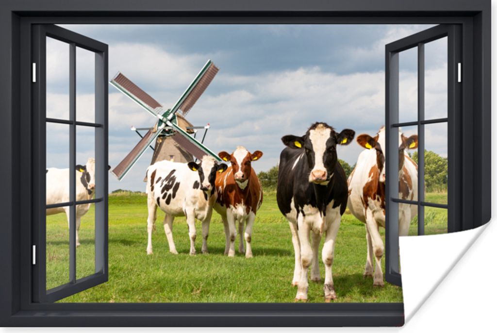 MuchoWow Poster Aussicht - Kuh - Mühle - Kühe - Wiese - Gras - Grün 120x80 cm - Bilder