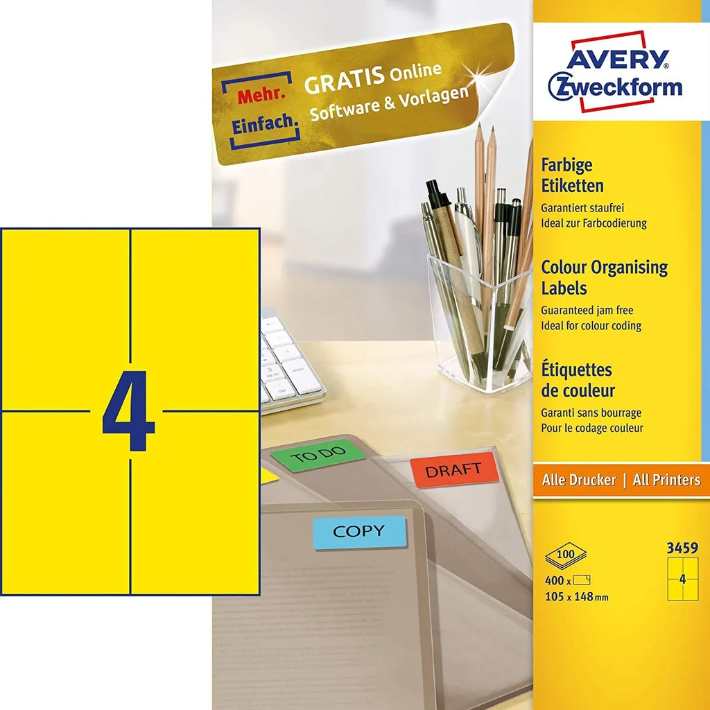 Avery 3459 Etichette Gialle A4 105x148mm - 400 Pezzi per Ufficio - 10