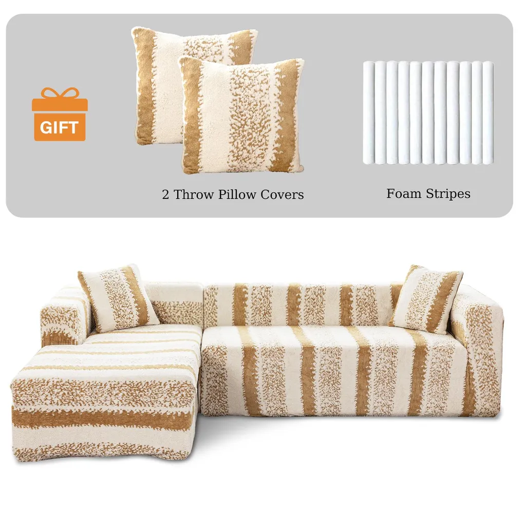 Housse de Canapé d'Angle en Forme de L Velours Extensible Kaki 3+3