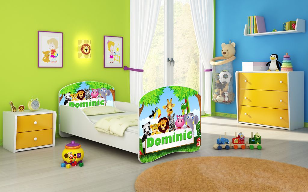 ACMA I Jugendbett Kinderbett Junior-Bett Komplett-Set mit Matratze Lattenrost Weiß 01 Zoo Name 160x80