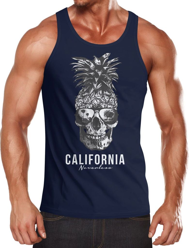Cooles Herren Tank-Top Pineapple Skull Sonnenbrille Ananas Totenkopf Slim Fit Neverless navy XL