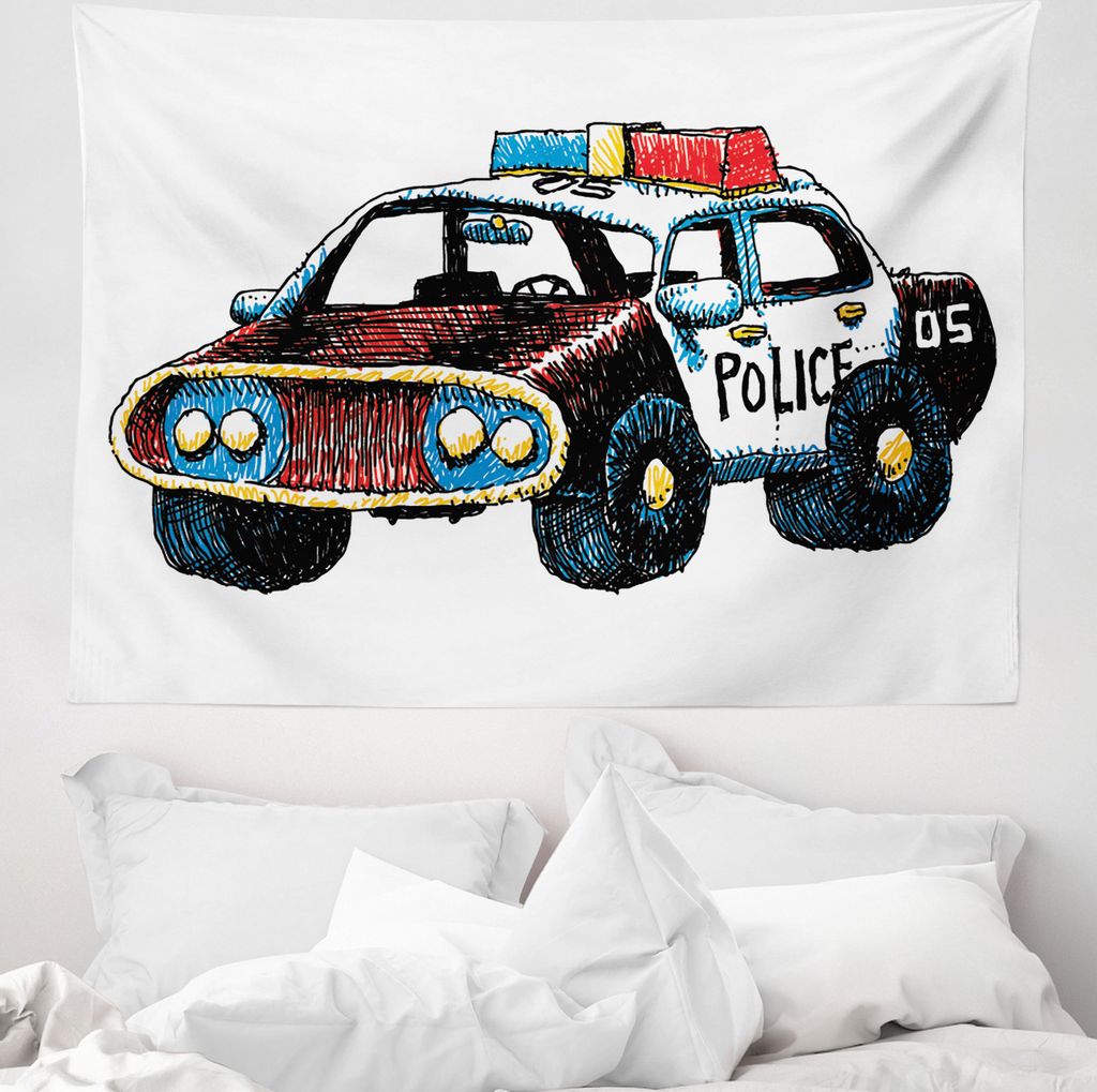 ABAKUHAUS Karikatur Wandteppich, Flüchtige Polizeiauto aus Weiches Mikrofaser Stoff Waschbar ohne Verblassen Digitaldruck, 150 x 110 cm, Blau Gelb...