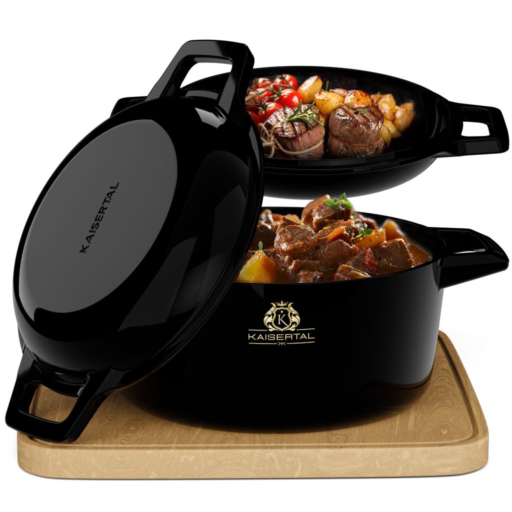 A black enameled cast iron pot with food inside, placed on a wooden cutting board.