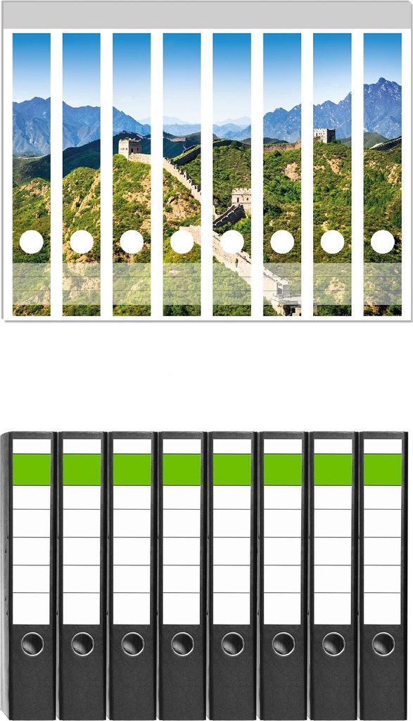 Wallario 8 Stück schmale Ordner inkl. Klebeetiketten mit Motive Die Chinesische Mauer - Wahrzeichen in China im Sommer - Set mit Rückenschildern...