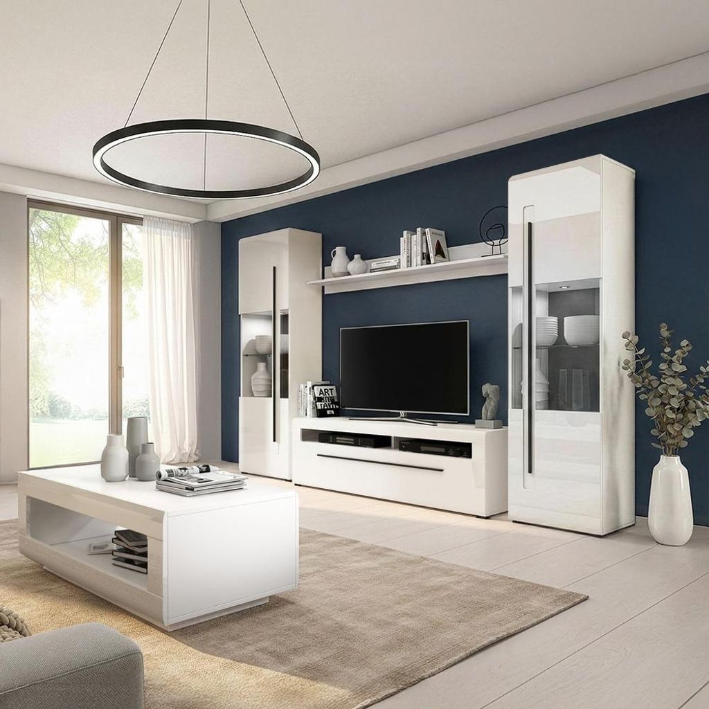 Wohnzimmer Set 5-teilig in Weiß Hochglanz mit Couchtisch & Wohnwand inkl. LED Beleuchtung, Metallgriffe - TURDA-83