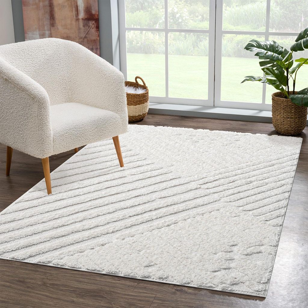 Teppich Hochflor Wohnzimmer - 80x150 cm - Weiß/ Creme - Hochtief-Muster/ 3D-Effekt Streifen