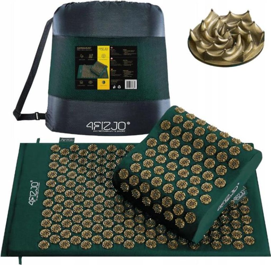 A set of acupressure mats and a pillow, along with a carrying bag and a separate accessory, are displayed against a white background.