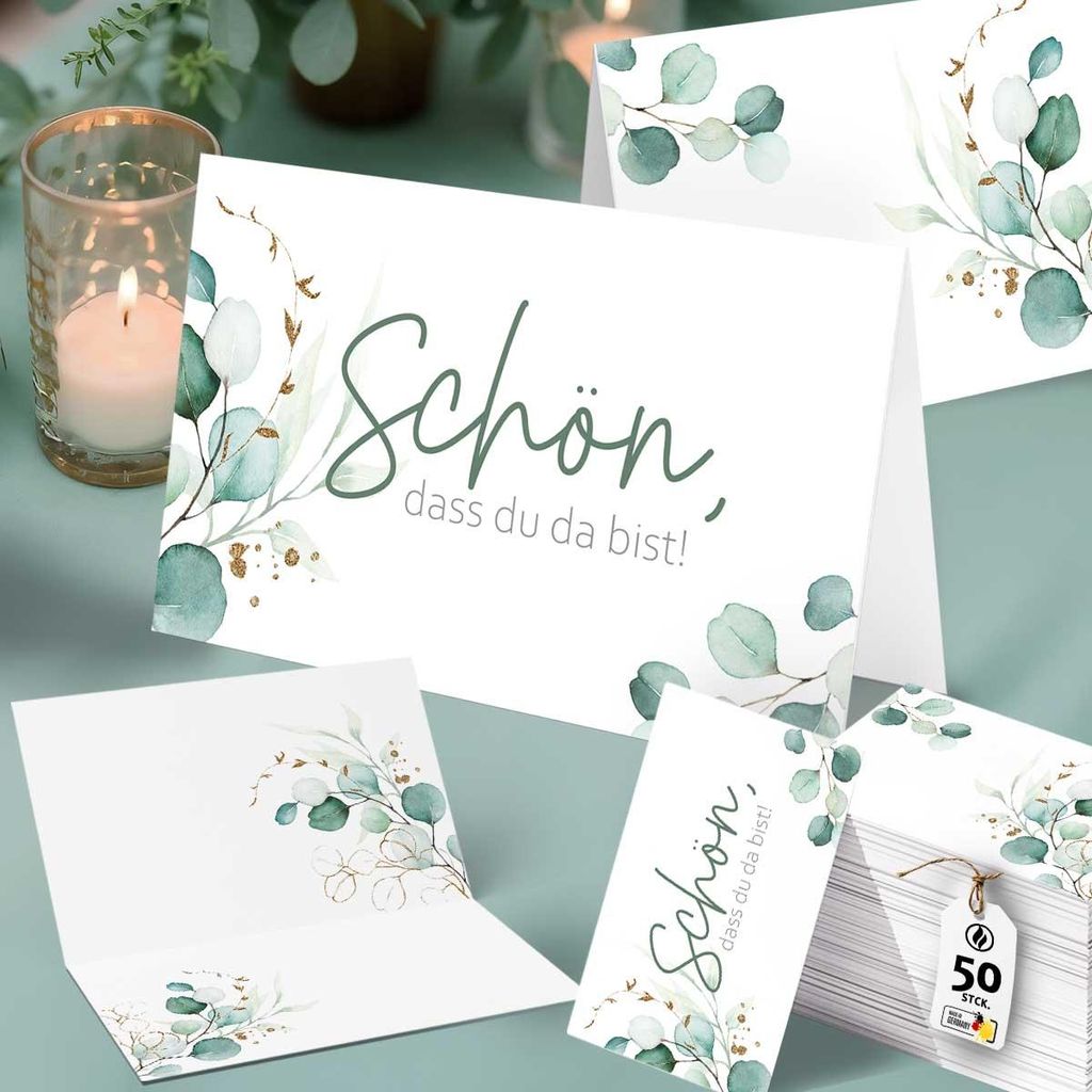 50 Tischkarten Schön, dass du da bist, Greenery Efeu, Hochzeit Tischdeko