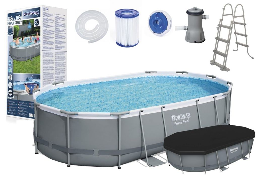 Bestway Power Steel Oval 4.88m x 3.05m x 1.07cm, Grau/Blau, 10949 l, Gerahmter Pool, Leiter, Blau, Grau, 67,4 kg