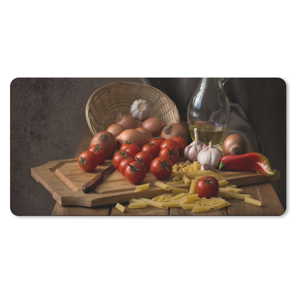 MuchoWow Schreibtischunterlage Schneidebrett - Gemüse - Stillleben - Pasta - Aus - Tomate - Schneidebrett 80x40 cm - XXL Mauspad - Gaming Mauspad