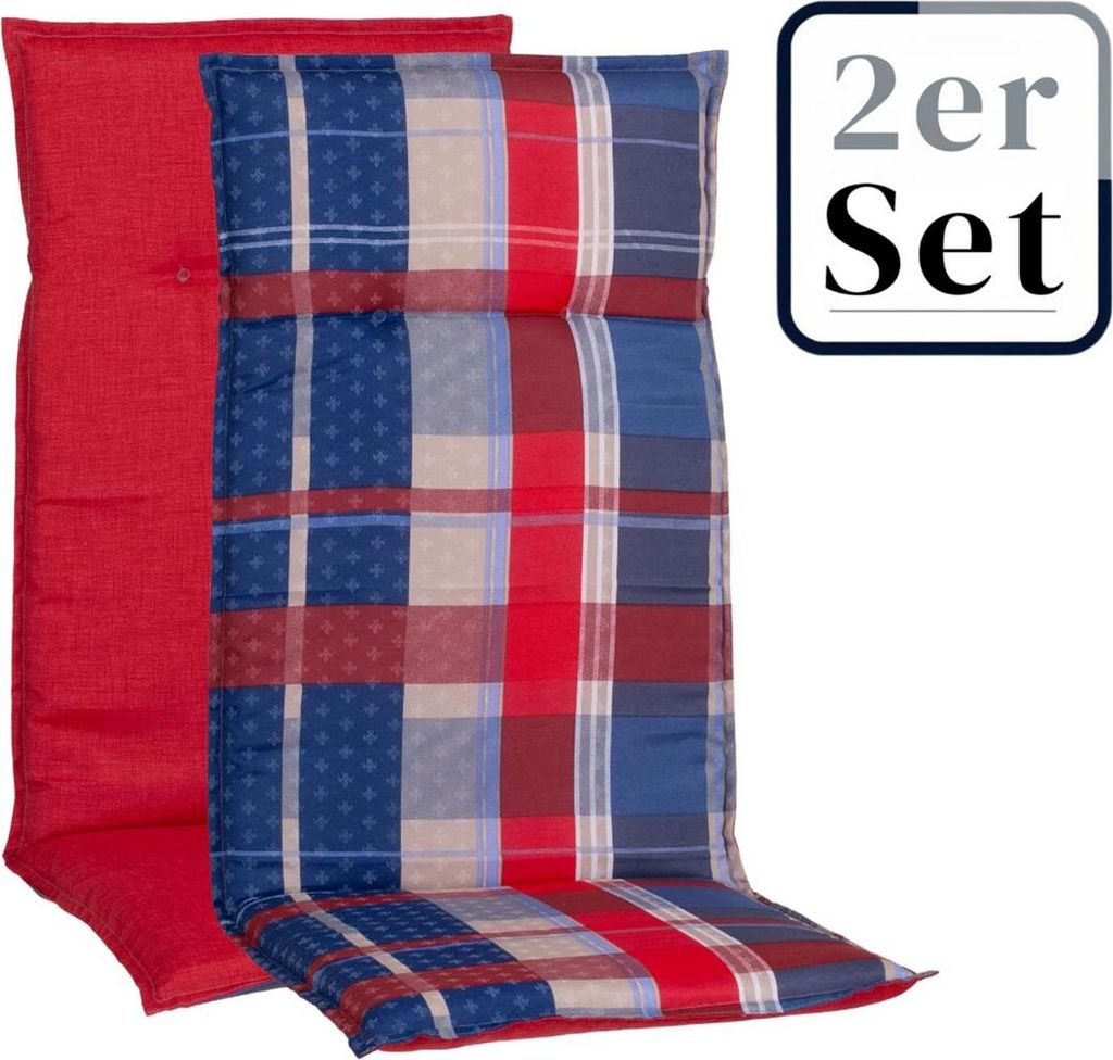 2er Set Hochlehner Auflage Gold Coast, Motiv - Karo, rot - blau, 120x48,00x5,00cm