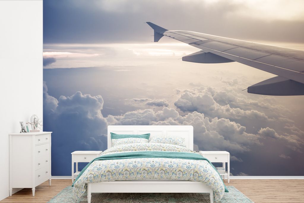 MuchoWow Fototapete für Wohnzimmer oder Schlafzimmer Wandtapete Vinyl Motivtapete Der blaue Himmel aus einem Flugzeug - 450x300 cm - Gemusterte