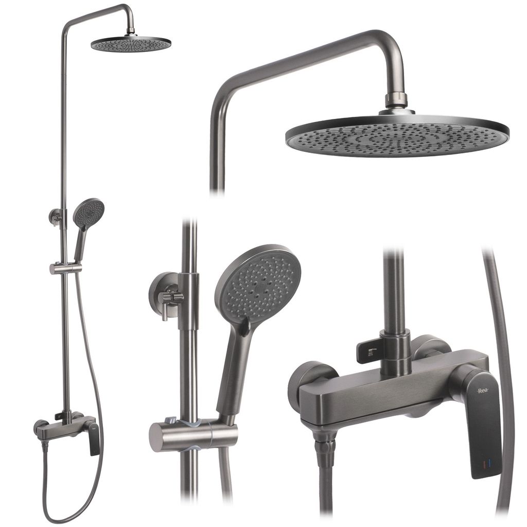 A collage of different views of a shower fixture set.