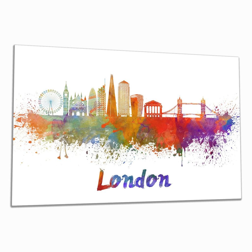 Wallario Herdabdeckplatte aus Glas, Größe 80 x 52 cm 1-teilig, Motiv Städte als Aquarell - Skyline von London