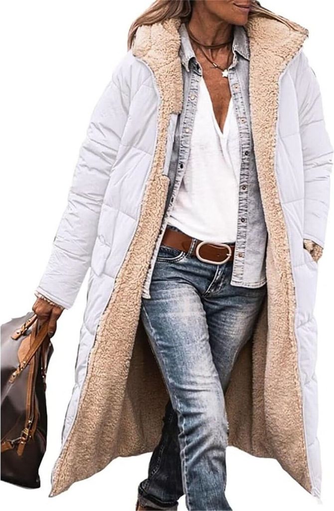 ASKSA Damen Lang Daunenmantel Warm Fleece Reversibel Winterjacke Kapuze Fleecejacke Daunenjacke Mantel, Weiss, M