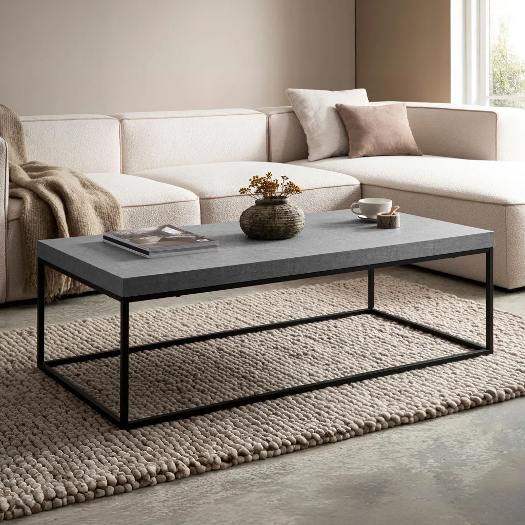 WOHNLING Tavolino da Divano 120x60 - Grigio Cemento e Metallo Nero